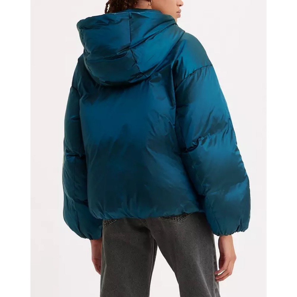 BUBBLE SHORTY PUFFER JACKET Hood Metallic Blue Zip S relaxed fit y2k down cozy